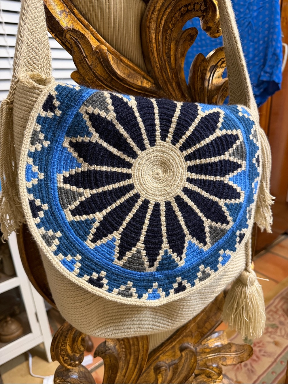 Boho Woven Crossbody Shoulder Bag Blue Cream Geometric Tassel Flap